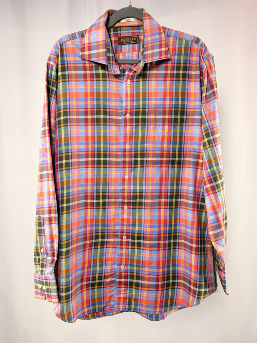 Patrick James Reserve Cotton Plaid Button Down Shirt in Pink Blue Yellow Size L